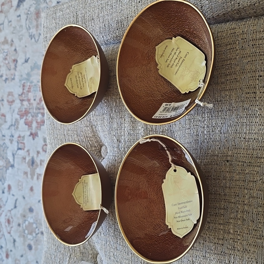 COPPER WITH GOLD TRIM COLORS SET OF 4 FANCY CEREAL BOWLS
